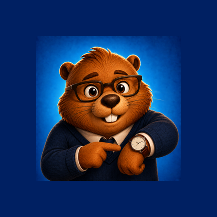 Alert Beaver mascot — a beaver in a suit checking his watch